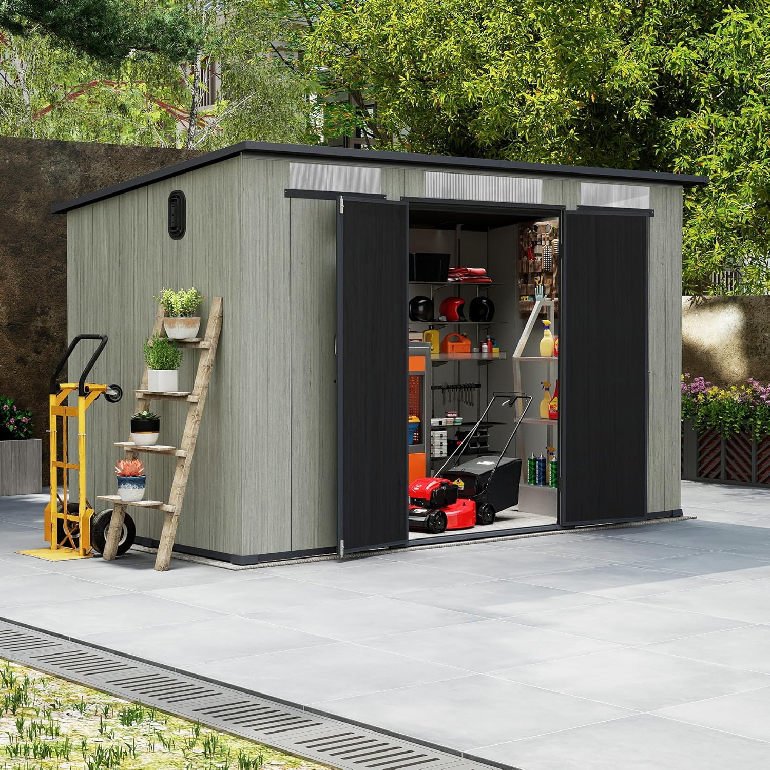 6x11FT Outdoor Resin Storage Shed with Transparent Windows & Louvered Vents, Plastic Tool Shed with Double Lockable Doors & Sloping Roof, Outside Garden Shed for Backyard, Patio, Lawn, Gray