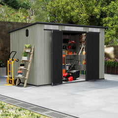 6x11FT Outdoor Resin Storage Shed with Transparent Windows & Louvered Vents, Plastic Tool Shed with Double Lockable Doors & Sloping Roof, Outside Garden Shed for Backyard, Patio, Lawn, Gray