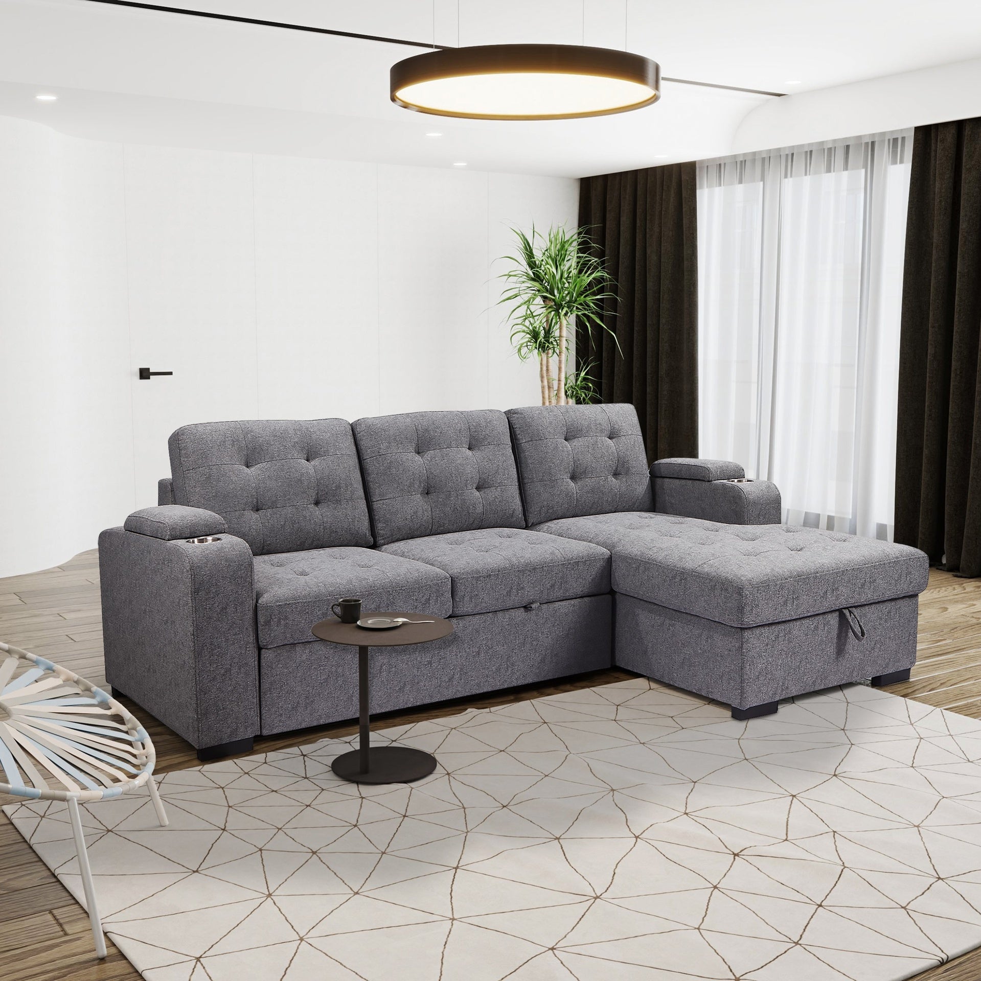 Living Room Tifted Sectional Sofa Lounger with Storage Chaise, Modern Convertible L-Shaped Sleeper Sofa Couch, Grey