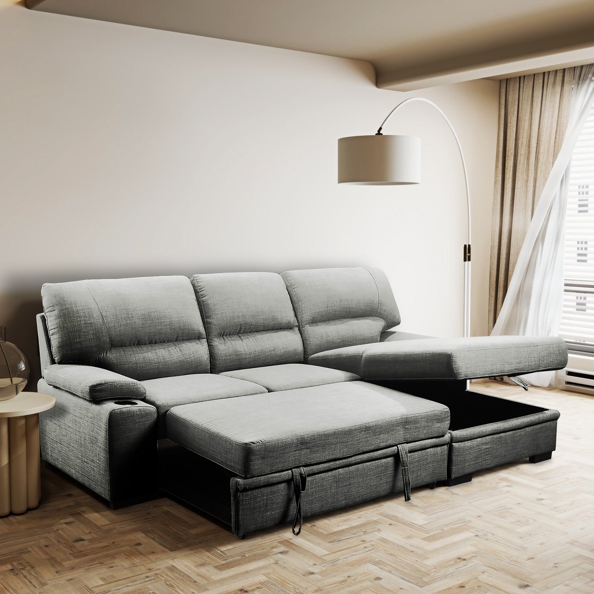 Luxurious Living Room Sectional Sofa Bed with Storage and Cupholders, Grey