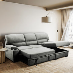 Luxurious Living Room Sectional Sofa Bed with Storage and Cupholders, Grey
