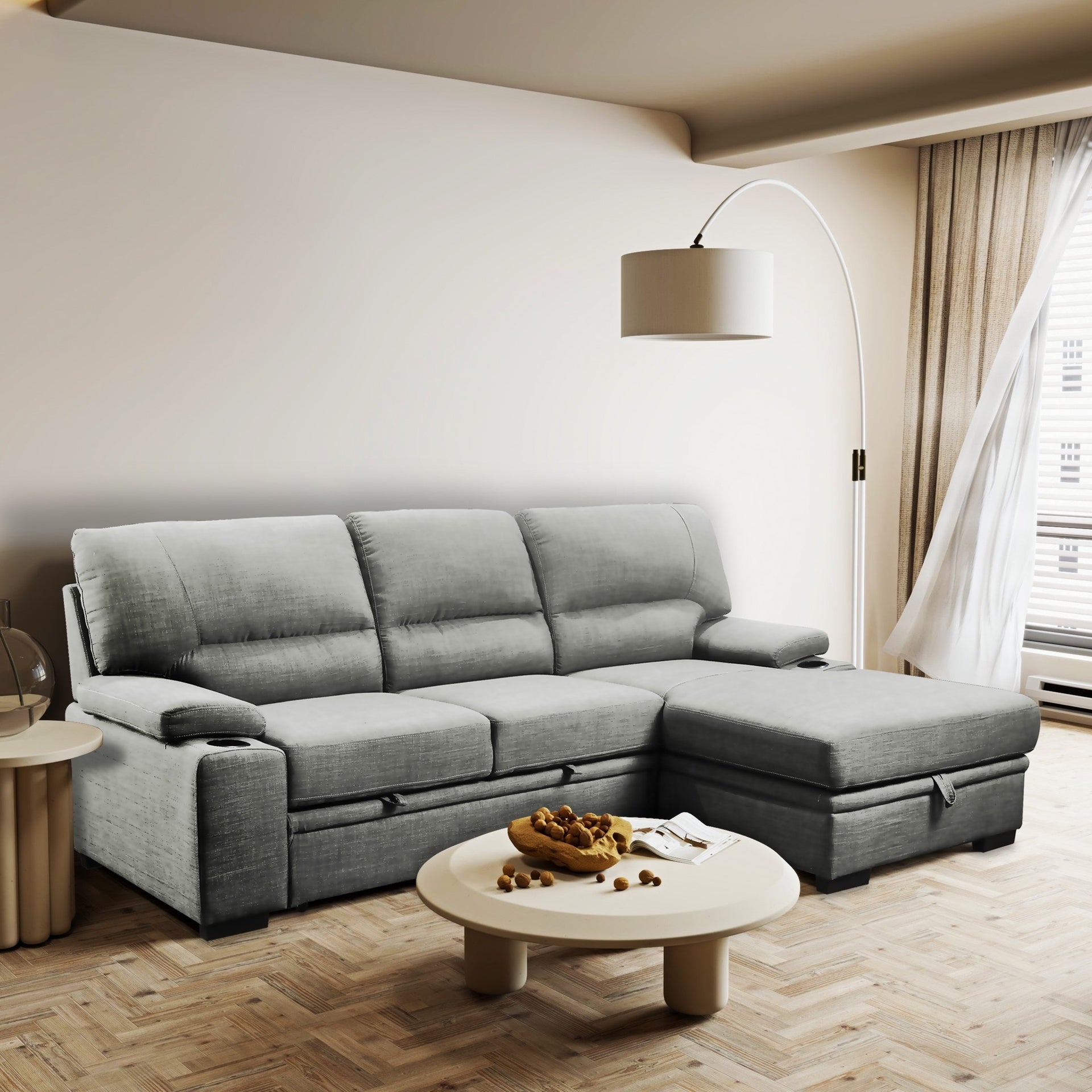 Luxurious Living Room Sectional Sofa Bed with Storage and Cupholders, Grey