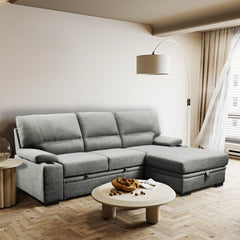 Luxurious Living Room Sectional Sofa Bed with Storage and Cupholders, Grey