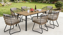 7-Piece Outdoor Wicker Dining Set with Acacia Wood Table