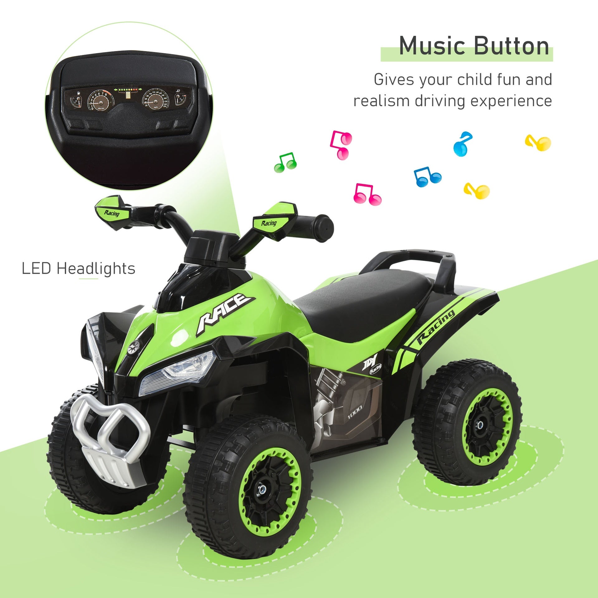 Aosom NO Power Kids Ride On Push Car, Ride Racer, Foot-to-floor Sliding Car, Walking ATV Toy with Music, Lights, for 1.5-3 Years Old, Green