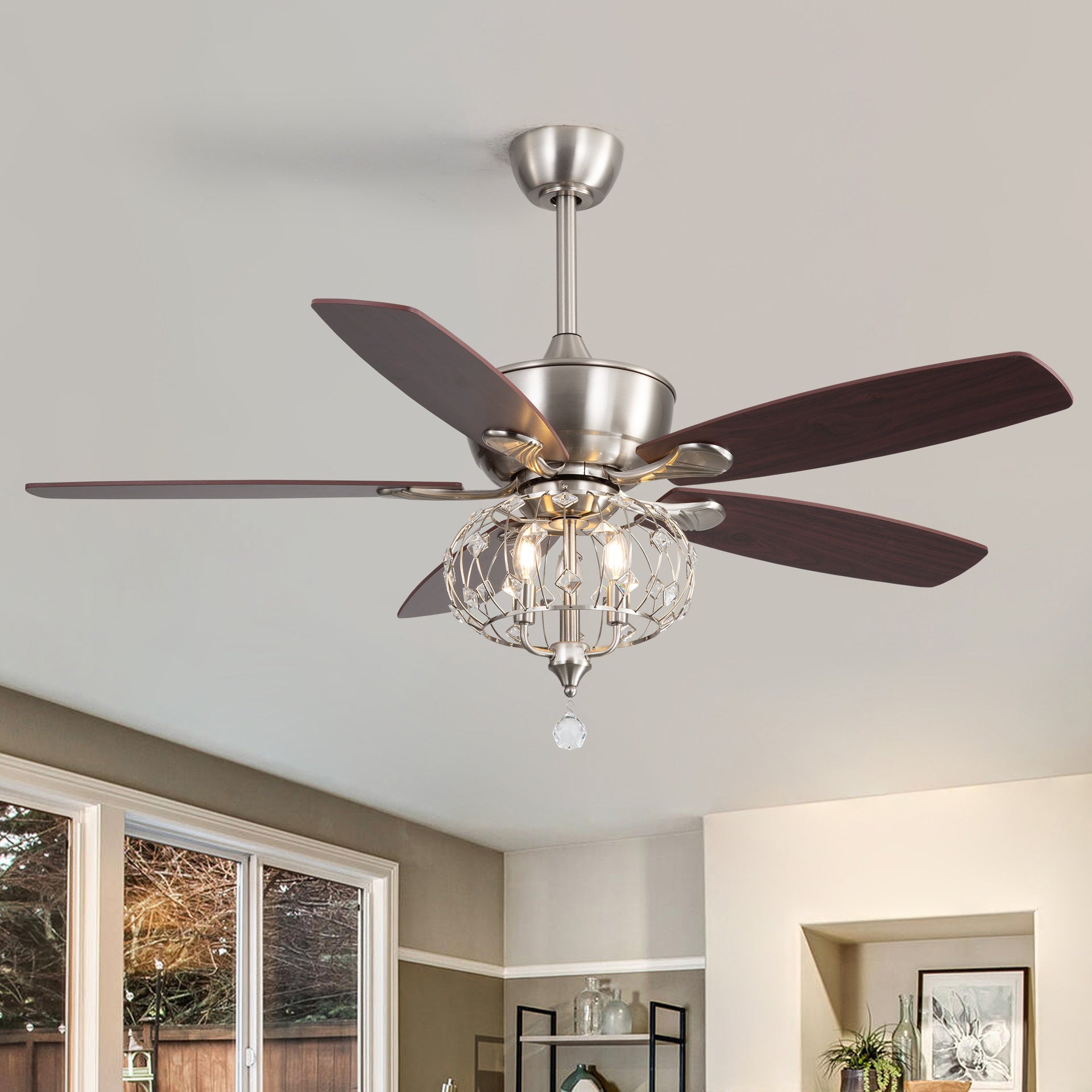 52" Sand Nickel Ceiling Fan with Crystal Shade  - Reversible DC Motor, 1/4/8H Timer, 3-Light E12 Base (Bulbs Not Included)