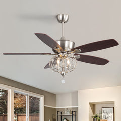 52" Sand Nickel Ceiling Fan with Crystal Shade  - Reversible DC Motor, 1/4/8H Timer, 3-Light E12 Base (Bulbs Not Included)