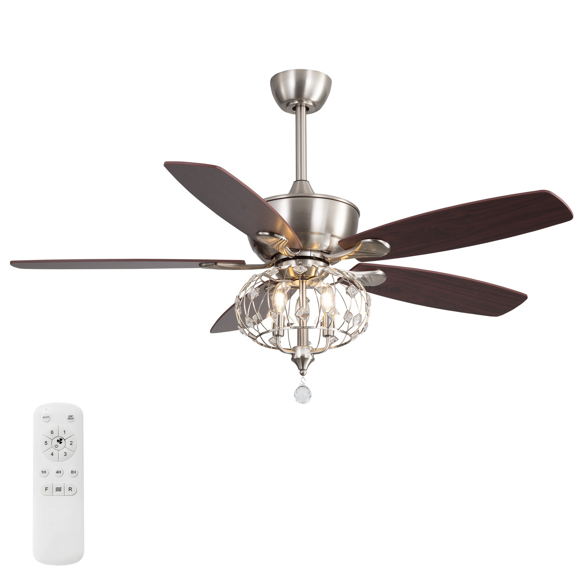 52" Sand Nickel Ceiling Fan with Crystal Shade  - Reversible DC Motor, 1/4/8H Timer, 3-Light E12 Base (Bulbs Not Included)