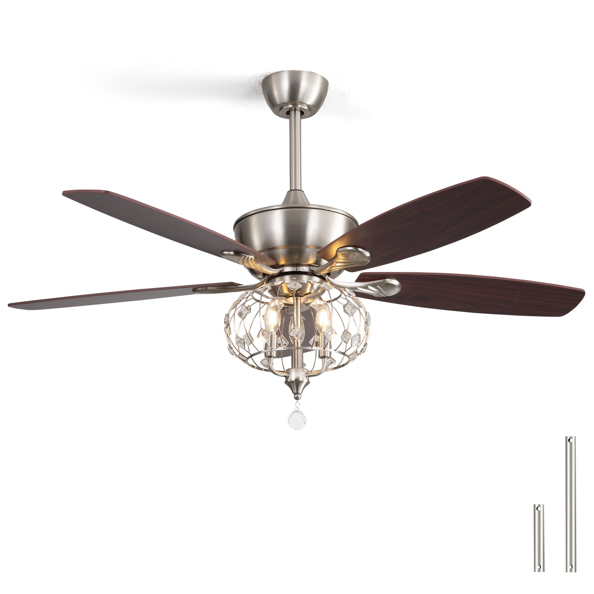 52" Sand Nickel Ceiling Fan with Crystal Shade  - Reversible DC Motor, 1/4/8H Timer, 3-Light E12 Base (Bulbs Not Included)