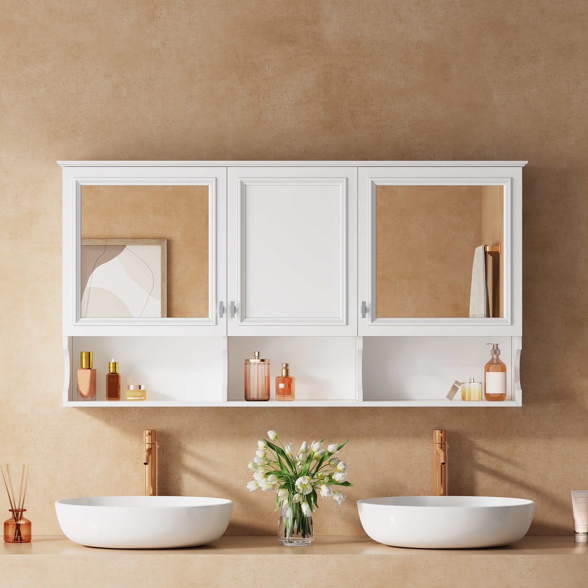 55 Inch Mirror Medicine Cabinet with Open Shelves, Wall Mounted Home Storage with Doors & Mirror, Adjustable Shelf, Bathroom Storage Cabinet over Toilet
