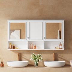 55 Inch Mirror Medicine Cabinet with Open Shelves, Wall Mounted Home Storage with Doors & Mirror, Adjustable Shelf, Bathroom Storage Cabinet over Toilet