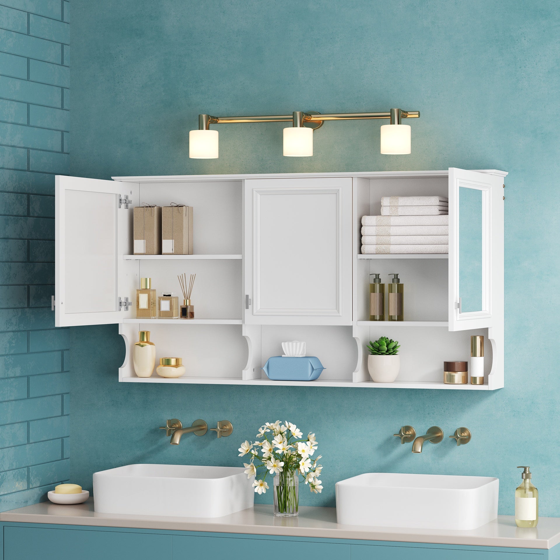 55 Inch Mirror Medicine Cabinet with Open Shelves, Wall Mounted Home Storage with Doors & Mirror, Adjustable Shelf, Bathroom Storage Cabinet over Toilet