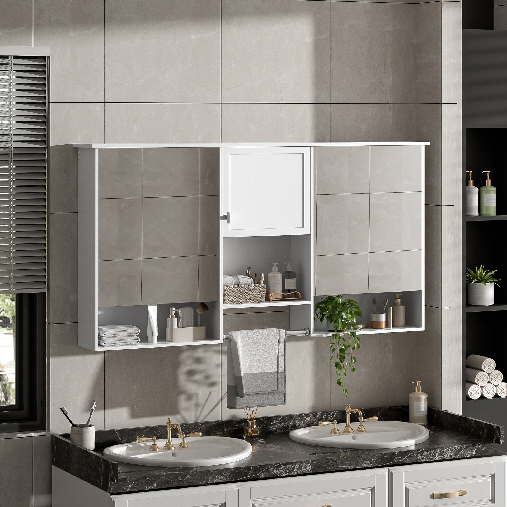 55 inch Wall-Mount 3-in-1 Mirror Cabinet with Adjustable Shelf, Soft-Closing Hinges, High-Quality MDF, for Bathroom Vanity, Living Room, Bedroom Storage Organizer