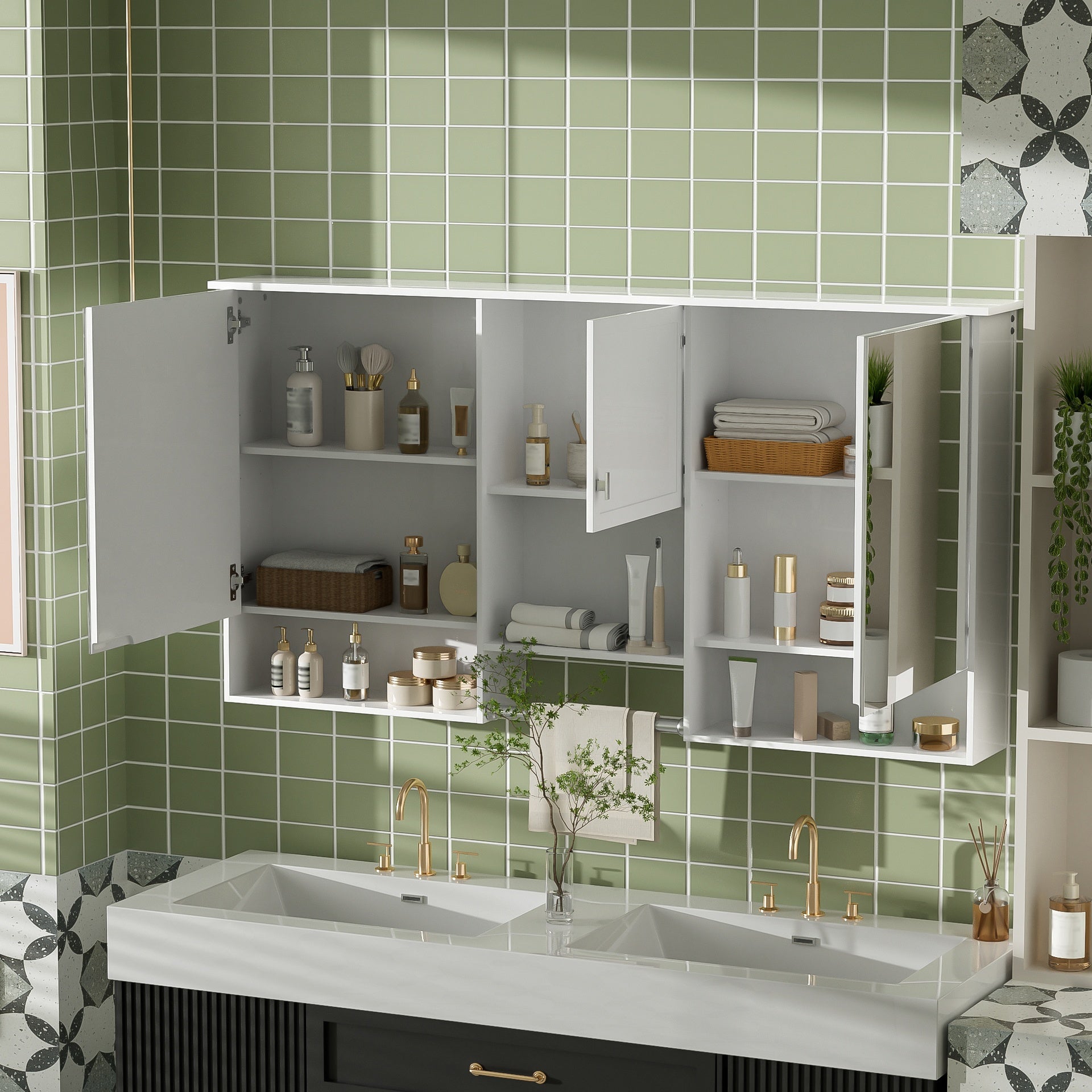 55 inch Wall-Mount 3-in-1 Mirror Cabinet with Adjustable Shelf, Soft-Closing Hinges, High-Quality MDF, for Bathroom Vanity, Living Room, Bedroom Storage Organizer