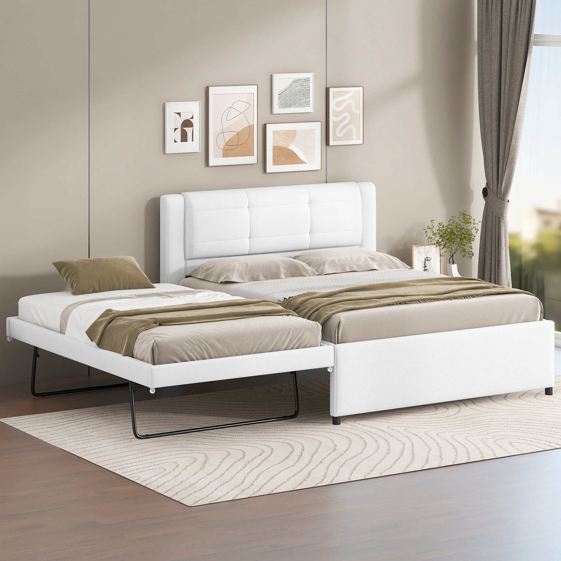 Full Size Upholstery platform bed with Trundle,Trundle can be flat or erected, Beige