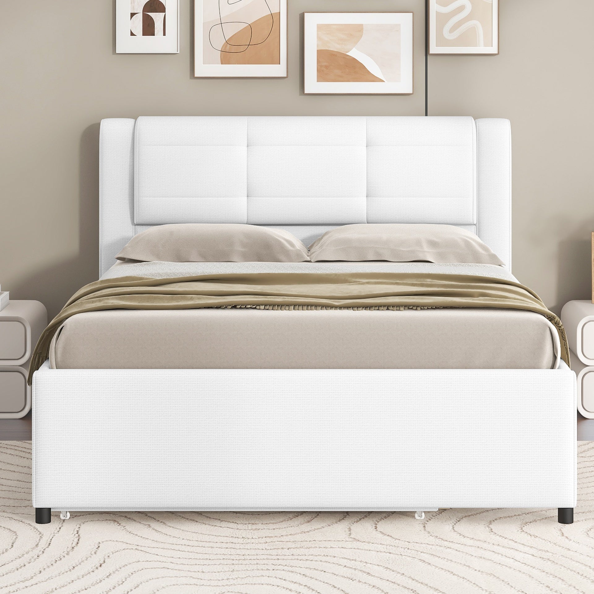 Full Size Upholstery platform bed with Trundle,Trundle can be flat or erected, Beige