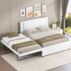 Full Size Upholstery platform bed with Trundle,Trundle can be flat or erected, Beige