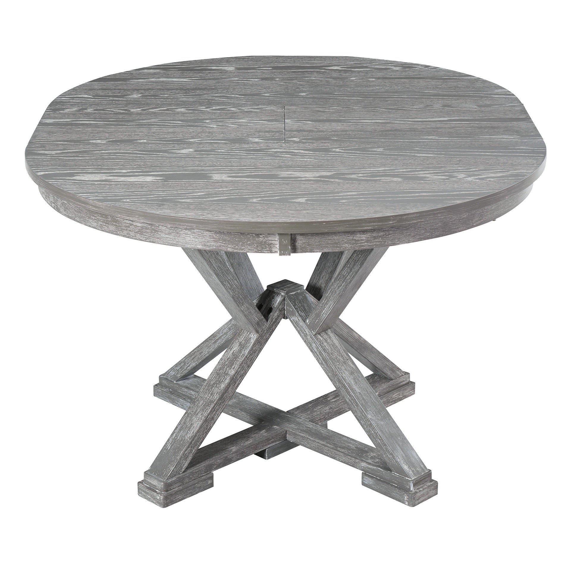 TREXM 5-Piece Retro Functional Dining Table Set Extendable Round Table and 4 Upholstered Chairs for Dining Room and Living Room (Grey)