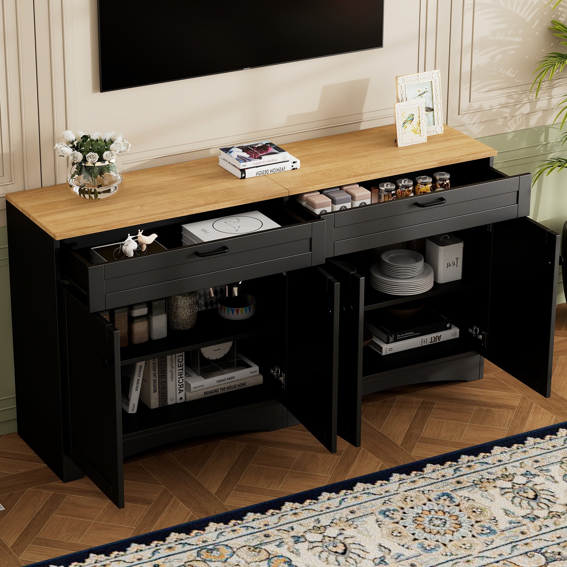 ON-TREND Farmhouse TV Stand with 2 Drawers for TVs Up to 70", Versatile Wood Grain Sideboard with Adjustable Shelves, Mid-Century Buffet Cabinet with Rustic Handles for Living Room/Bedroom, Black