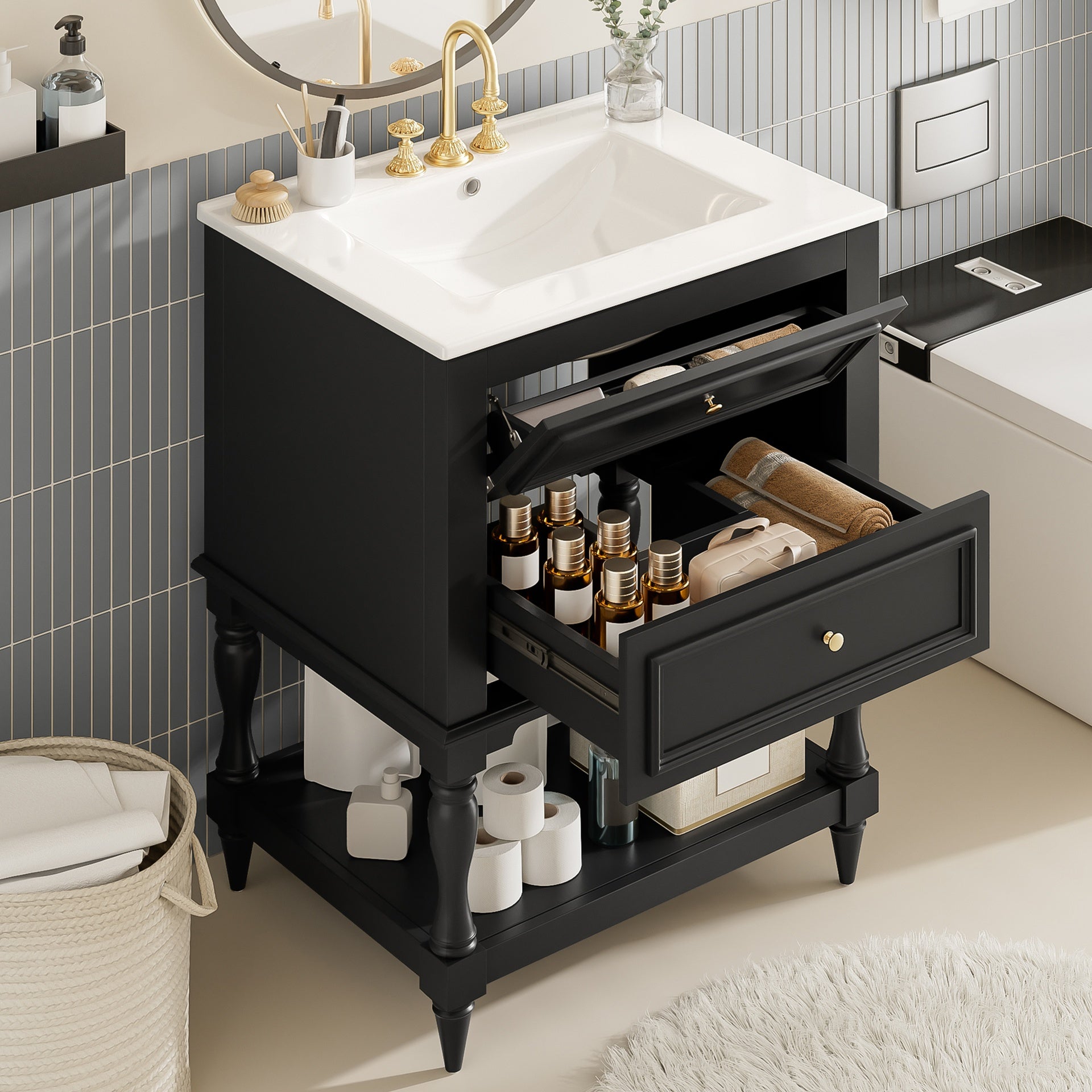 24'' Bathroom Vanity with Ceramic Sink, Bathroom Storage Cabinet with Open Shelf, Retro Design Bathroom Cabinet with 2 Drawers