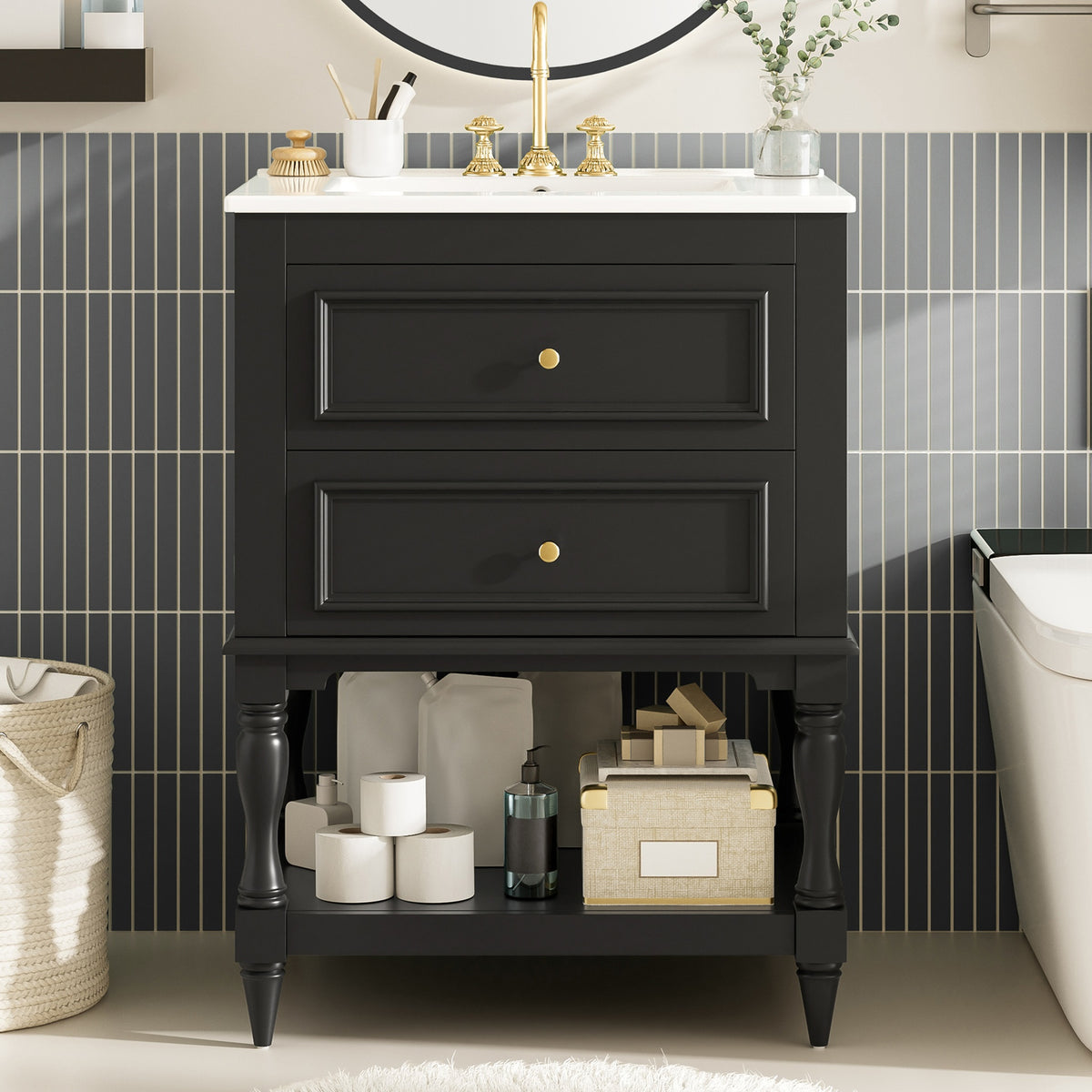24'' Bathroom Vanity with Ceramic Sink, Bathroom Storage Cabinet with Open Shelf, Retro Design Bathroom Cabinet with 2 Drawers