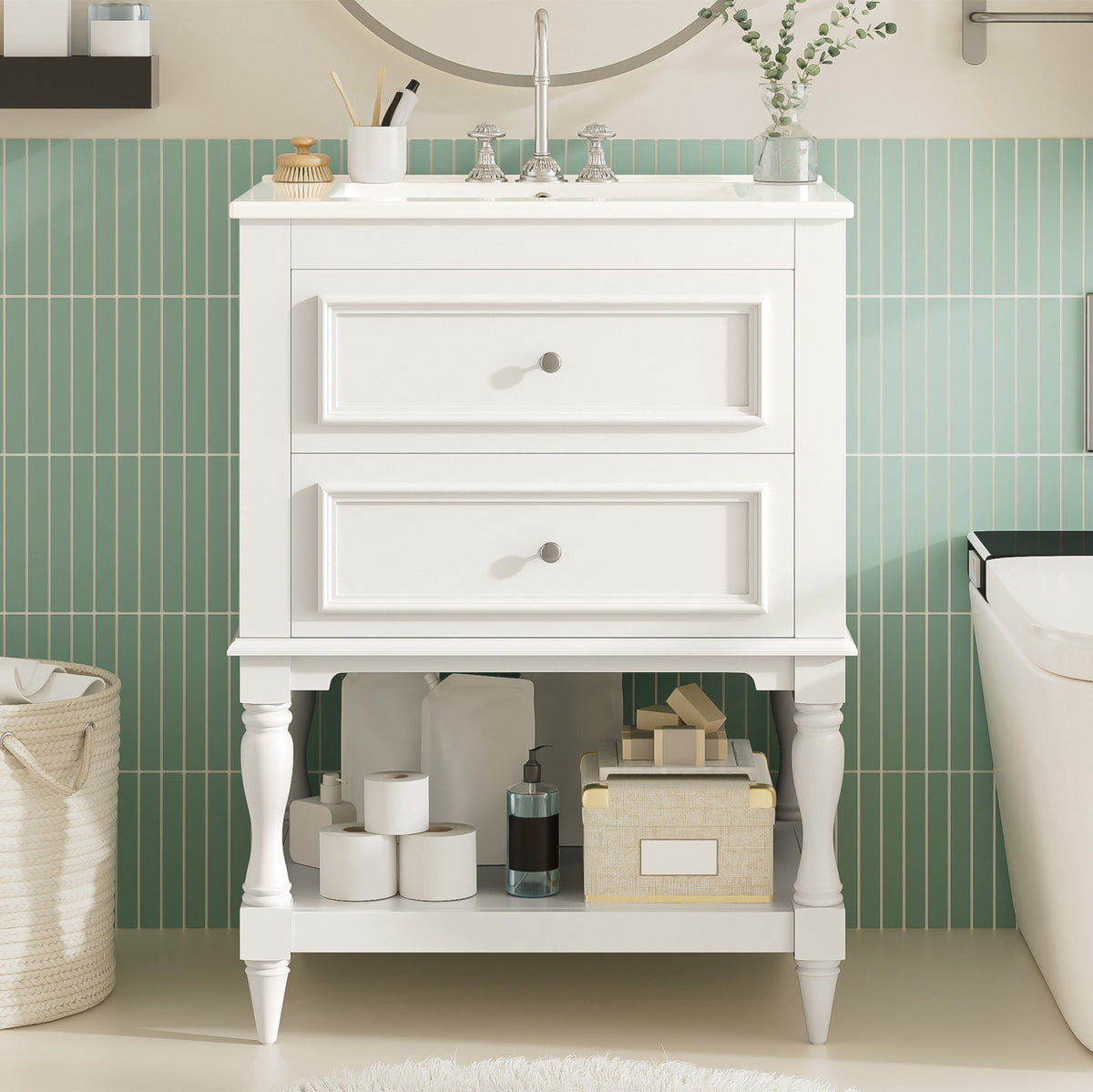 24'' Bathroom Vanity with Ceramic Sink, Bathroom Storage Cabinet with Open Shelf , Retro Design Bathroom Cabinet with 2 Drawers