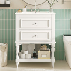 24'' Bathroom Vanity with Ceramic Sink, Bathroom Storage Cabinet with Open Shelf , Retro Design Bathroom Cabinet with 2 Drawers