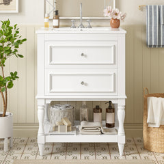 24'' Bathroom Vanity with Ceramic Sink, Bathroom Storage Cabinet with Open Shelf , Retro Design Bathroom Cabinet with 2 Drawers