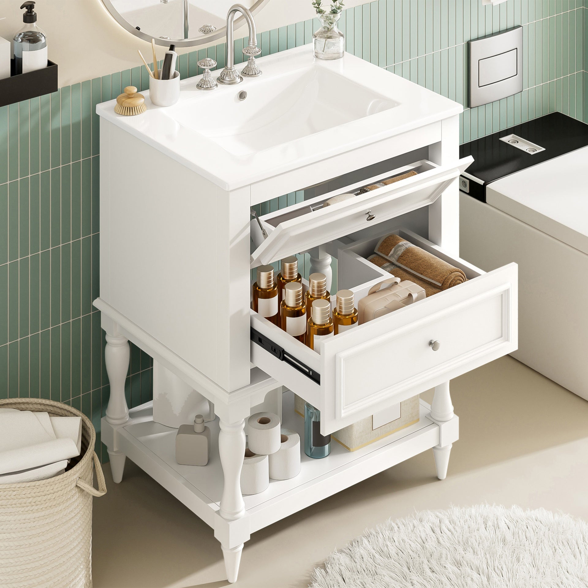 24'' Bathroom Vanity with Ceramic Sink, Bathroom Storage Cabinet with Open Shelf , Retro Design Bathroom Cabinet with 2 Drawers