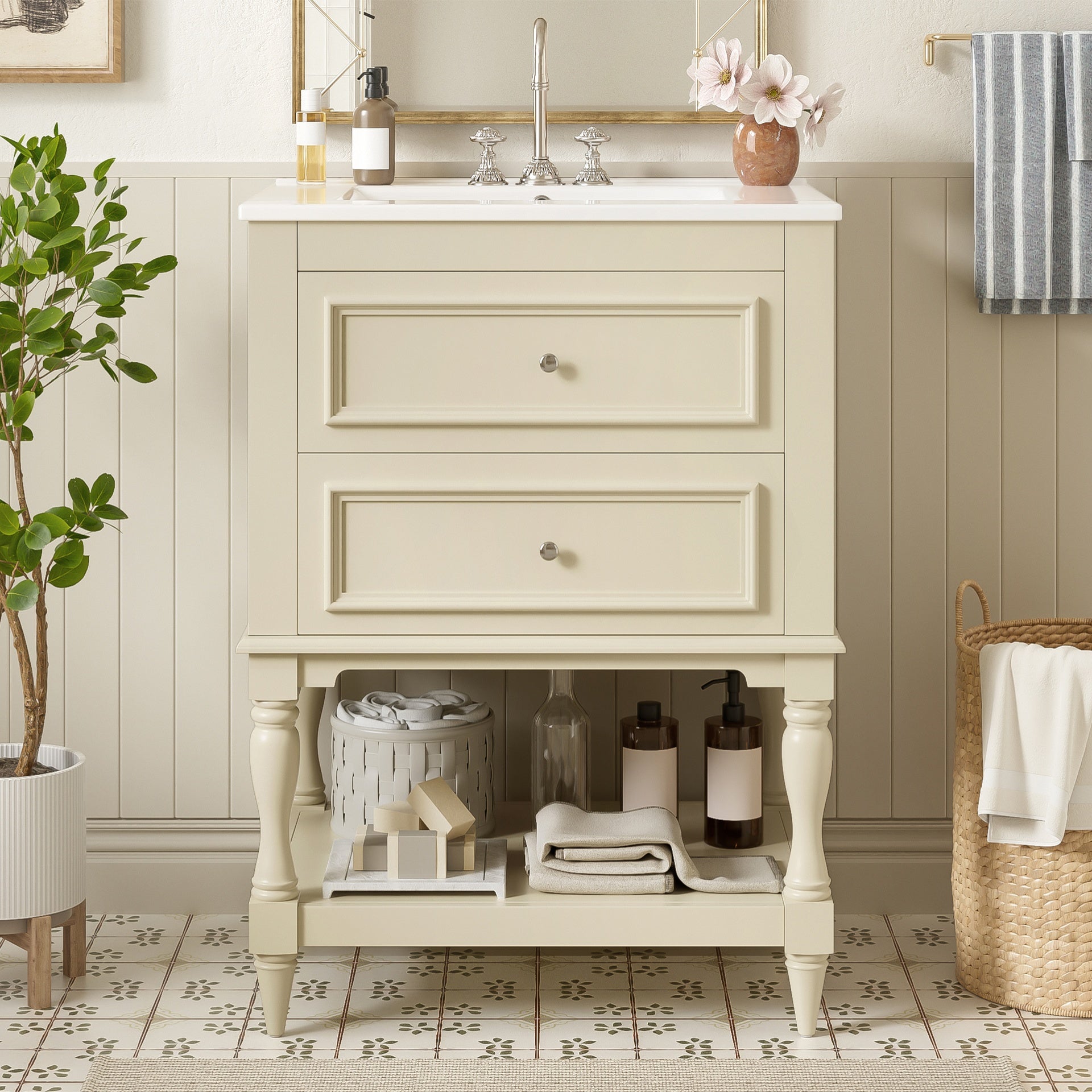 24'' Bathroom Vanity with Ceramic Sink, Bathroom Storage Cabinet with Open Shelf , Retro Design Bathroom Cabinet with 2 Drawers