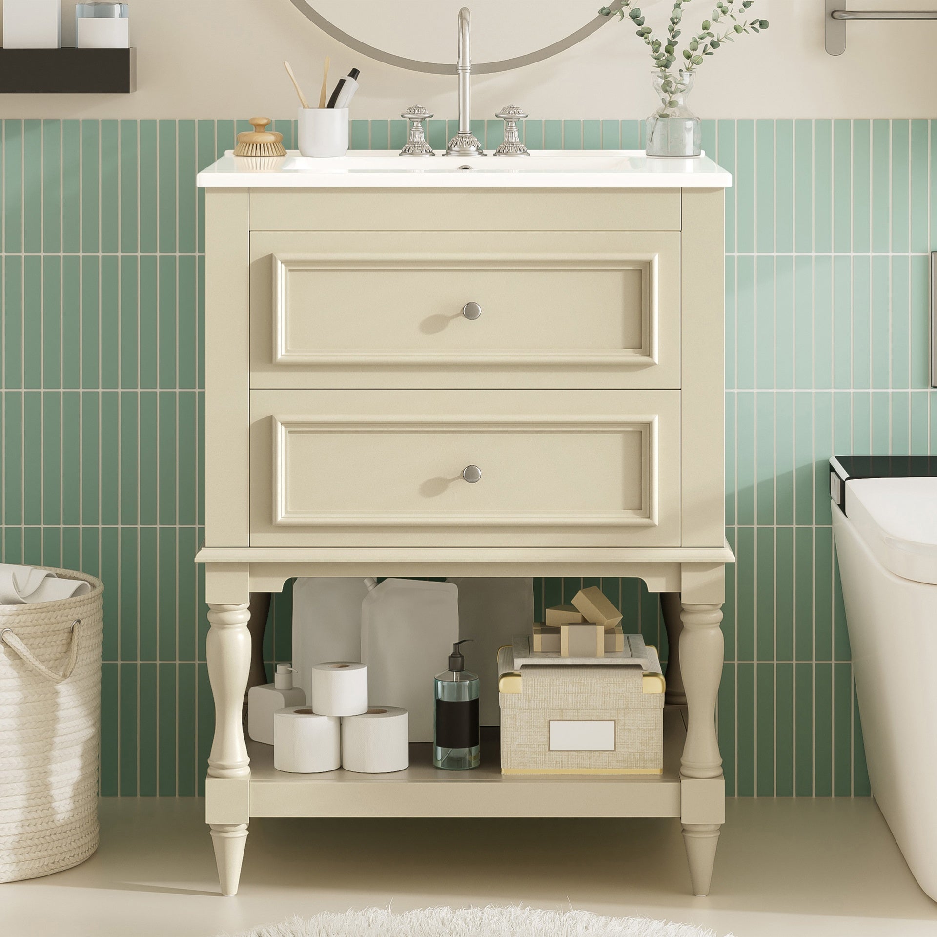 24'' Bathroom Vanity with Ceramic Sink, Bathroom Storage Cabinet with Open Shelf , Retro Design Bathroom Cabinet with 2 Drawers