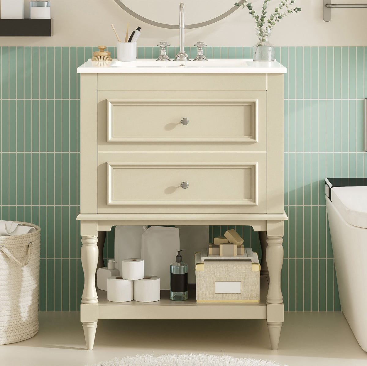 24'' Bathroom Vanity with Ceramic Sink, Bathroom Storage Cabinet with Open Shelf , Retro Design Bathroom Cabinet with 2 Drawers