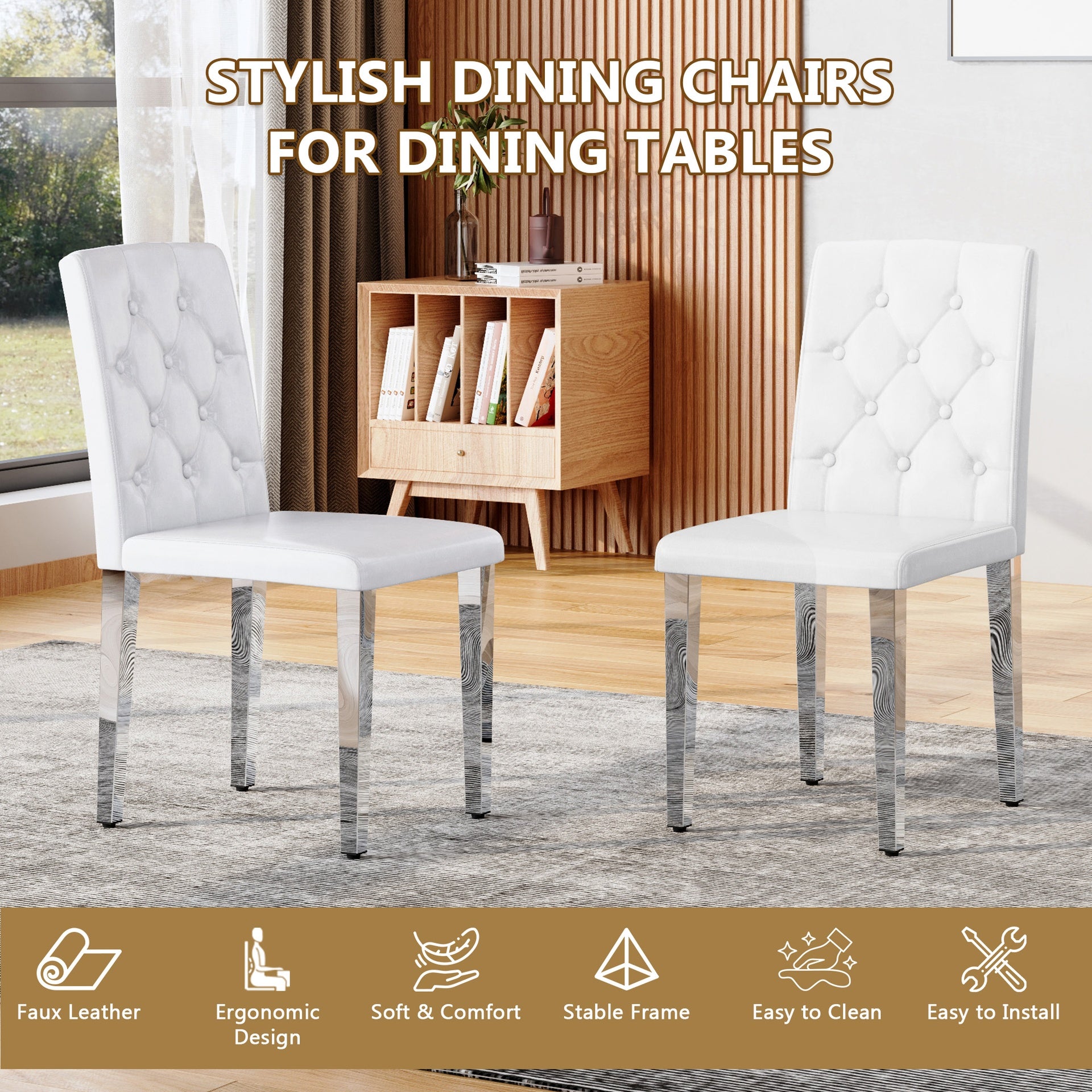 2-pack white PU dining chairs: ergonomic buckle backrest, 35 inches high, silver metal legs,Combines Comfort and Texture.Perfectly suitable for family dining rooms,hotel banquet halls,etc.