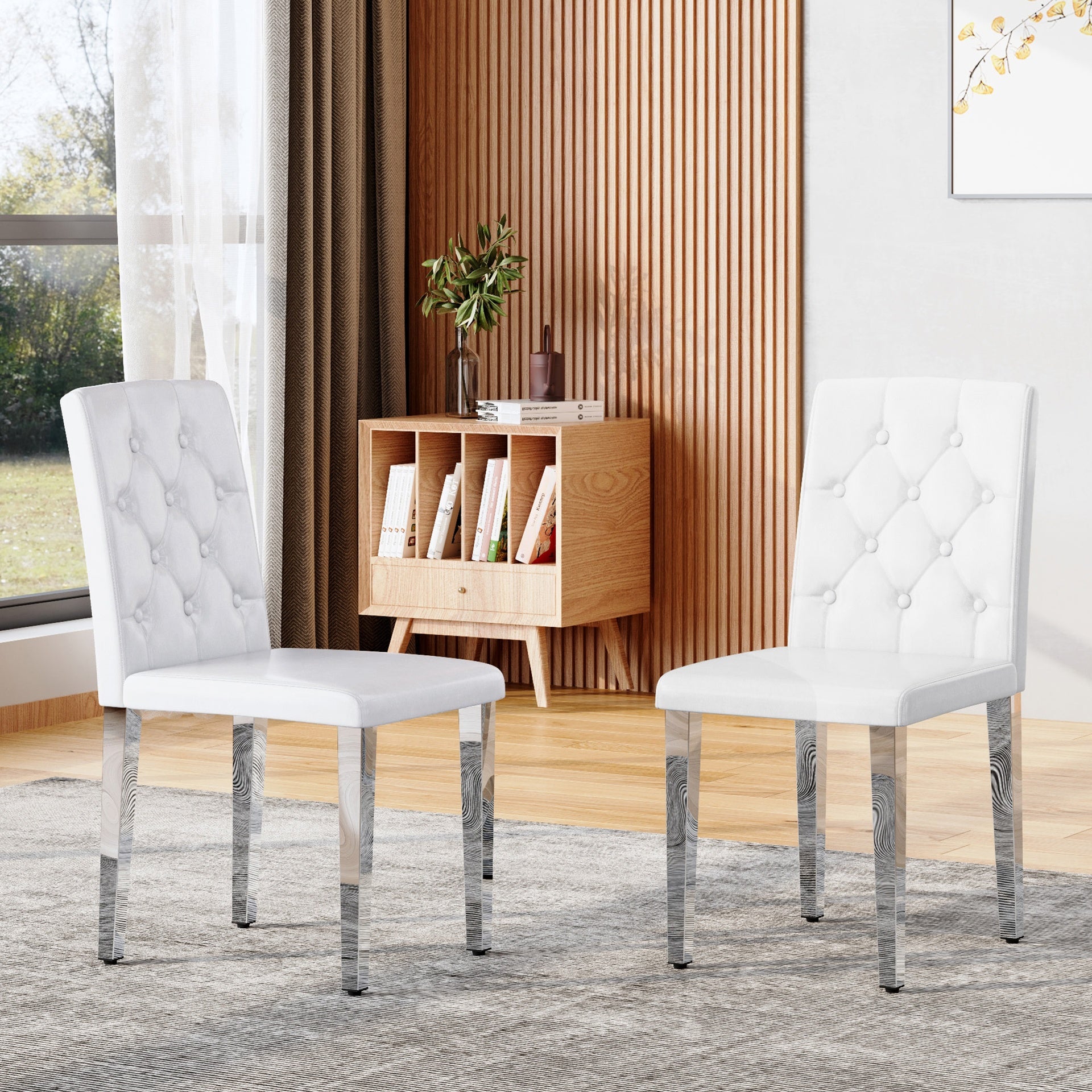 2-pack white PU dining chairs: ergonomic buckle backrest, 35 inches high, silver metal legs,Combines Comfort and Texture.Perfectly suitable for family dining rooms,hotel banquet halls,etc.
