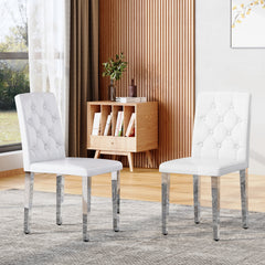 2-pack white PU dining chairs: ergonomic buckle backrest, 35 inches high, silver metal legs,Combines Comfort and Texture.Perfectly suitable for family dining rooms,hotel banquet halls,etc.