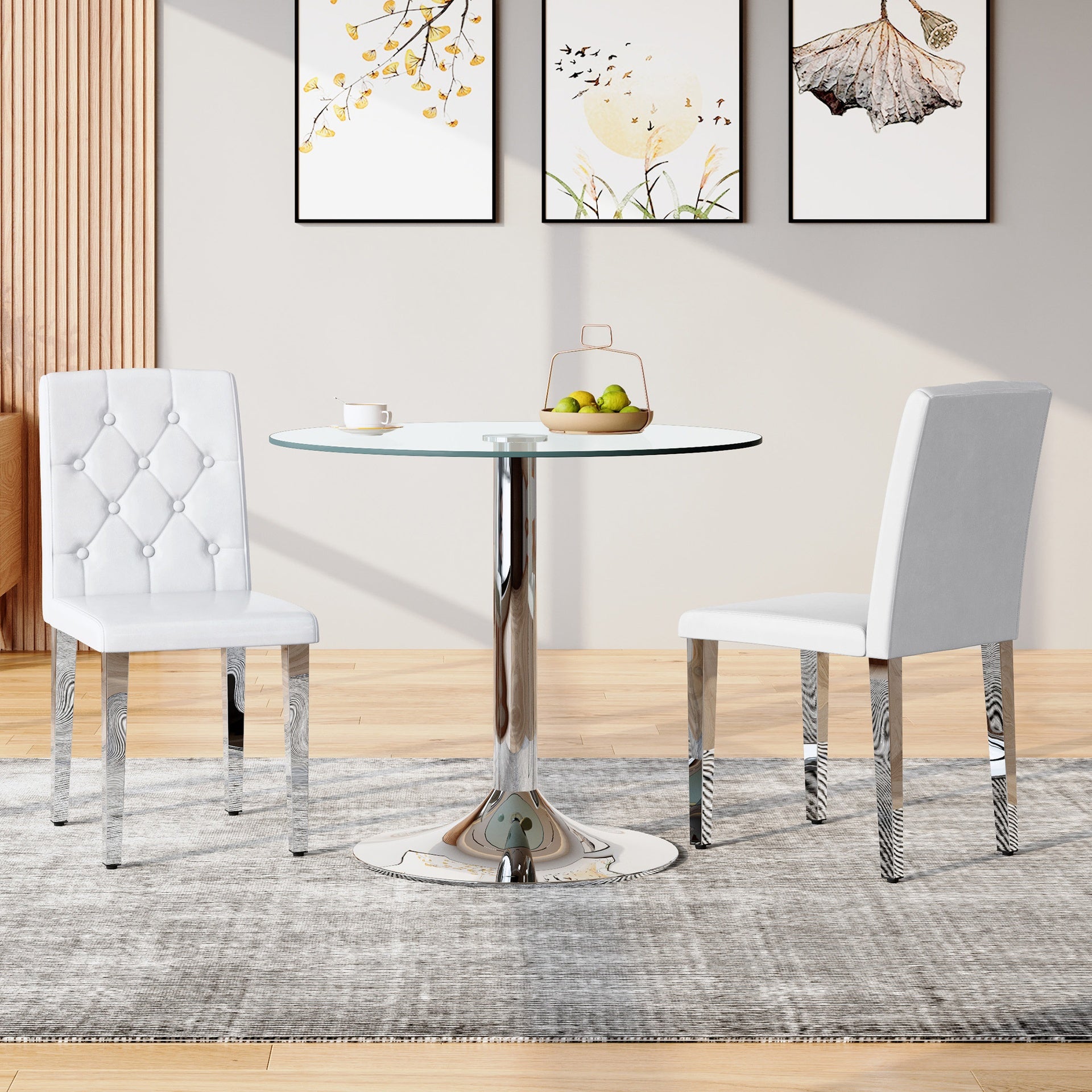 2-pack white PU dining chairs: ergonomic buckle backrest, 35 inches high, silver metal legs,Combines Comfort and Texture.Perfectly suitable for family dining rooms,hotel banquet halls,etc.