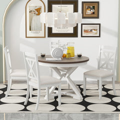 TREXM 5-Piece Retro Functional Dining Table Set Extendable Round Table and 4 Upholstered Chairs for Dining Room and Living Room (Brown+Antique White)