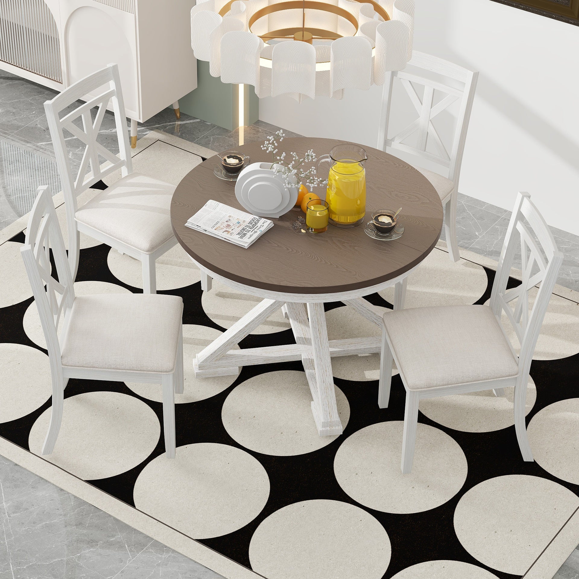 TREXM 5-Piece Retro Functional Dining Table Set Extendable Round Table and 4 Upholstered Chairs for Dining Room and Living Room (Brown+Antique White)