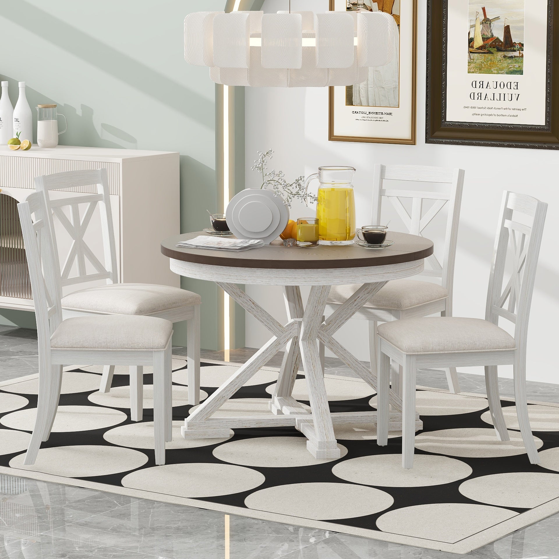 TREXM 5-Piece Retro Functional Dining Table Set Extendable Round Table and 4 Upholstered Chairs for Dining Room and Living Room (Brown+Antique White)