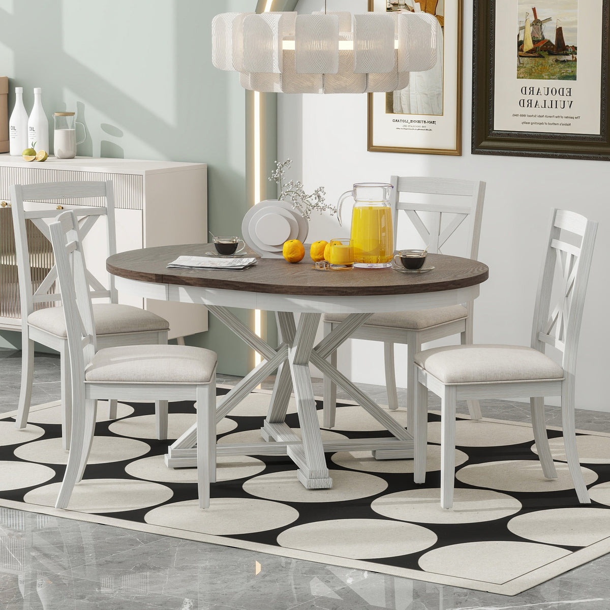TREXM 5-Piece Retro Functional Dining Table Set Extendable Round Table and 4 Upholstered Chairs for Dining Room and Living Room (Brown+Antique White)