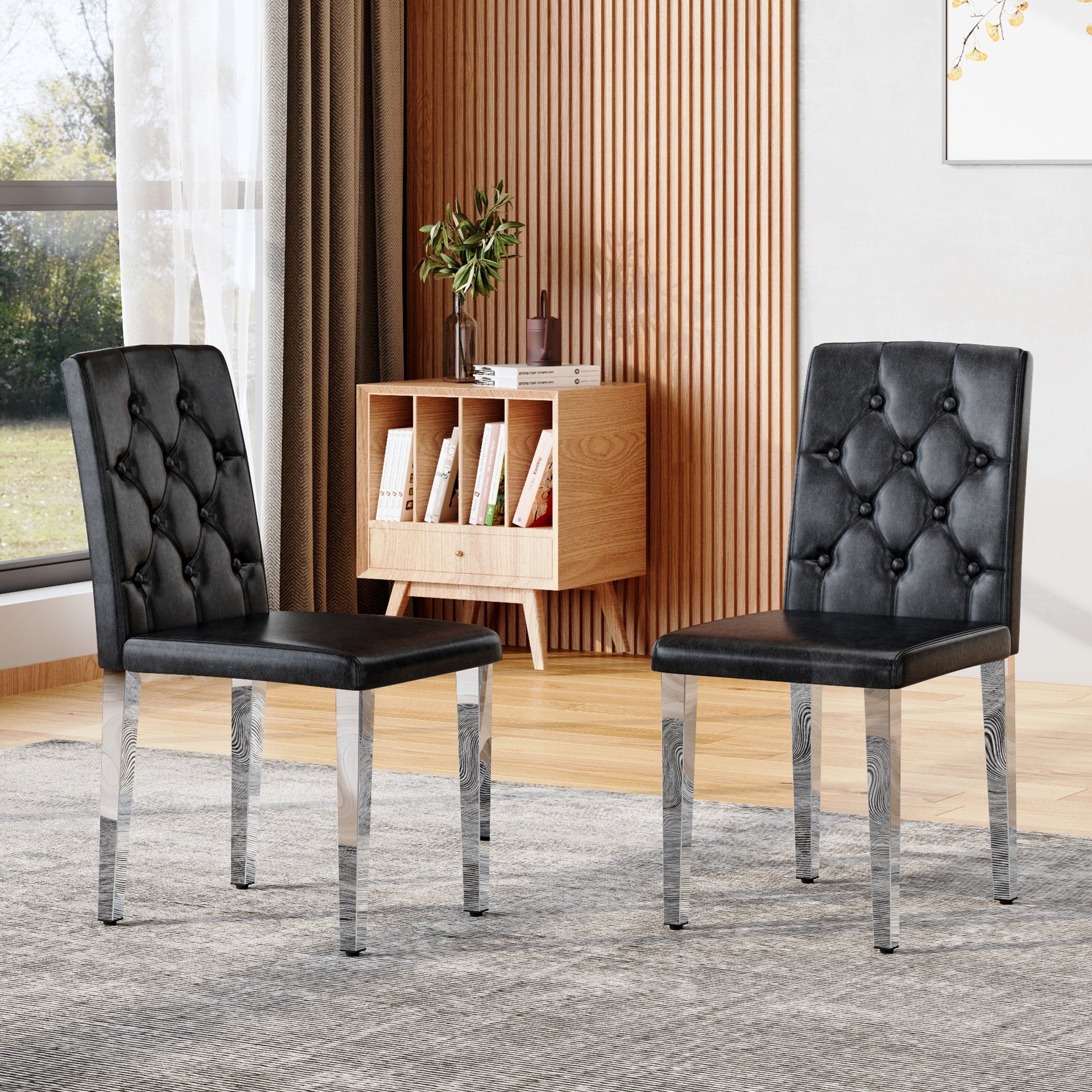 2-pack black PU dining chairs: ergonomic buckle backrest, 35 inches high, silver metal legs,Combines Comfort and Texture.Perfectly suitable for family dining rooms, hotel banquet halls,etc.