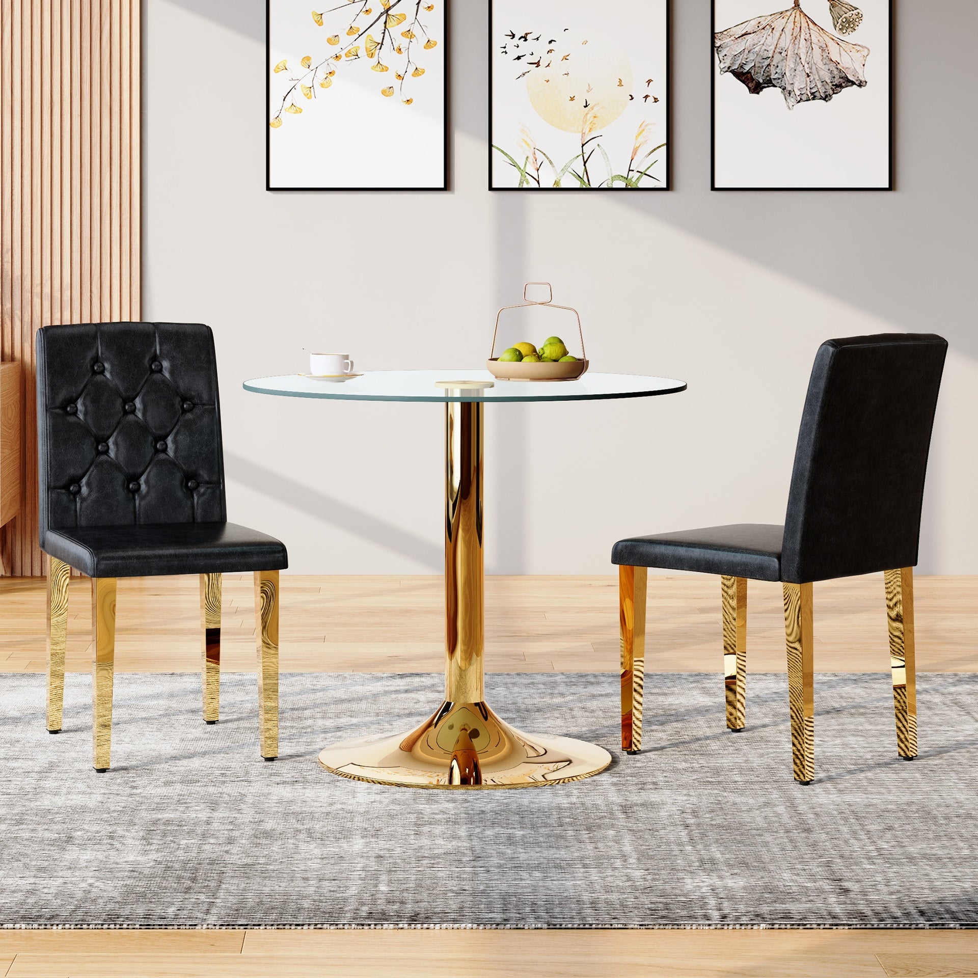 2-pack black PU dining chairs: ergonomic buckle backrest, 35 inches high, golden metal legs,Combines Comfort and Texture.Perfectly suitable for family dining rooms, hotel banquet halls,etc.