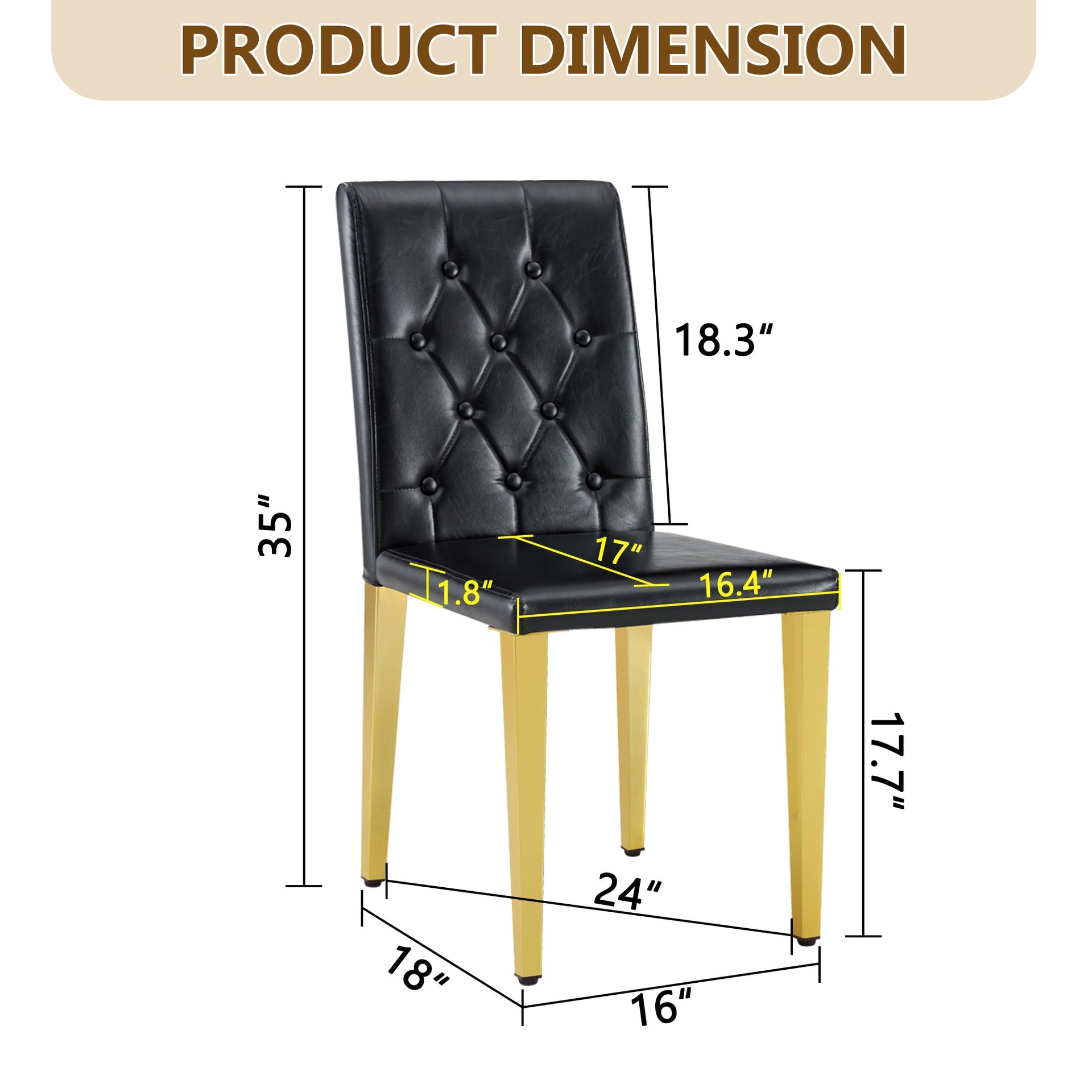 2-pack black PU dining chairs: ergonomic buckle backrest, 35 inches high, golden metal legs,Combines Comfort and Texture.Perfectly suitable for family dining rooms, hotel banquet halls,etc.