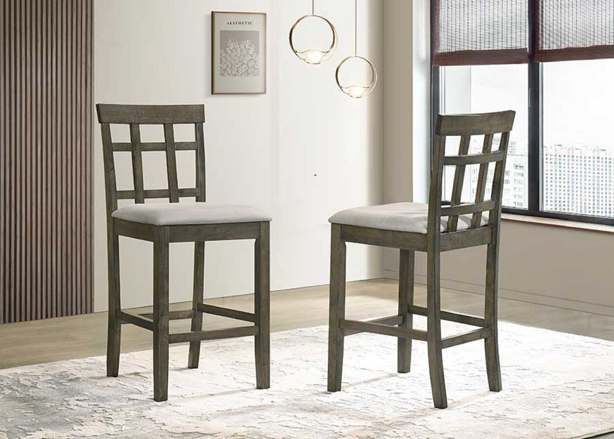 Beautiful Gray Cushioned Seats Upholstered Chair Counter Height 2Pc Dining Pub Height Chairs Slatted Back Dining Room Wooden Furniture