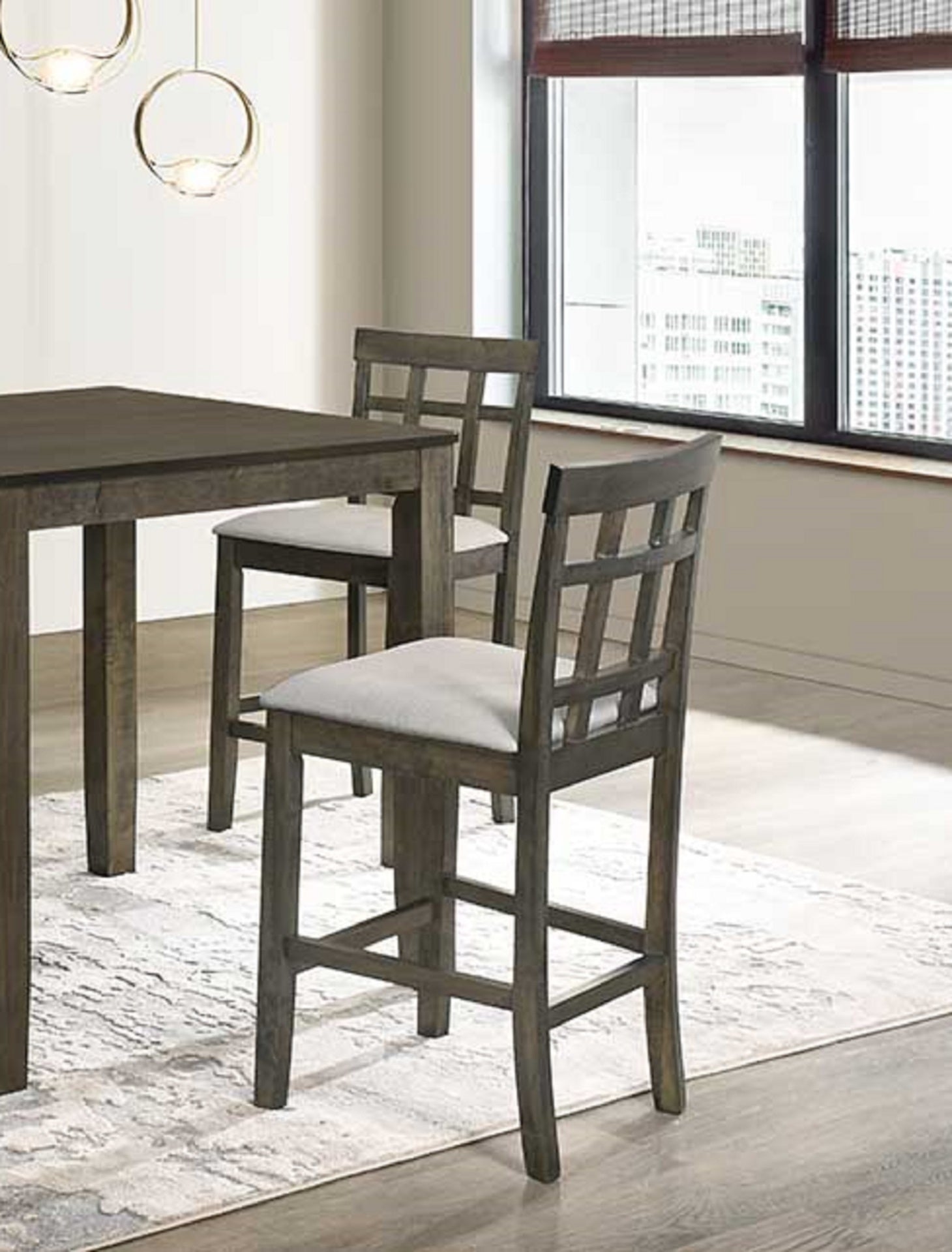 Beautiful Gray Cushioned Seats Upholstered Chair Counter Height 2Pc Dining Pub Height Chairs Slatted Back Dining Room Wooden Furniture
