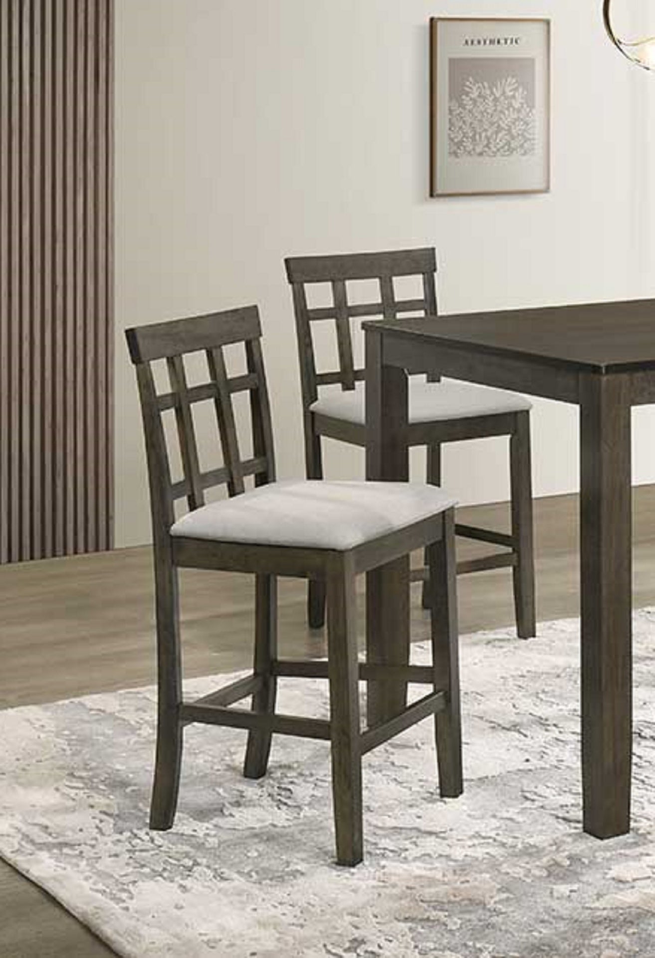 Beautiful Gray Cushioned Seats Upholstered Chair Counter Height 2Pc Dining Pub Height Chairs Slatted Back Dining Room Wooden Furniture