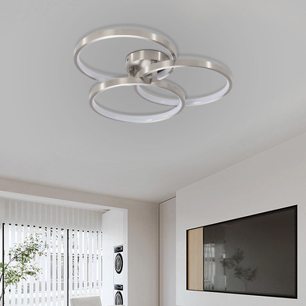 20" Modern LED Ceiling Light Fixture - Circular 3-Ring Design, Dimmable, Contemporary Brushed Nickel Finish for Living Room, Bedroom & Office
