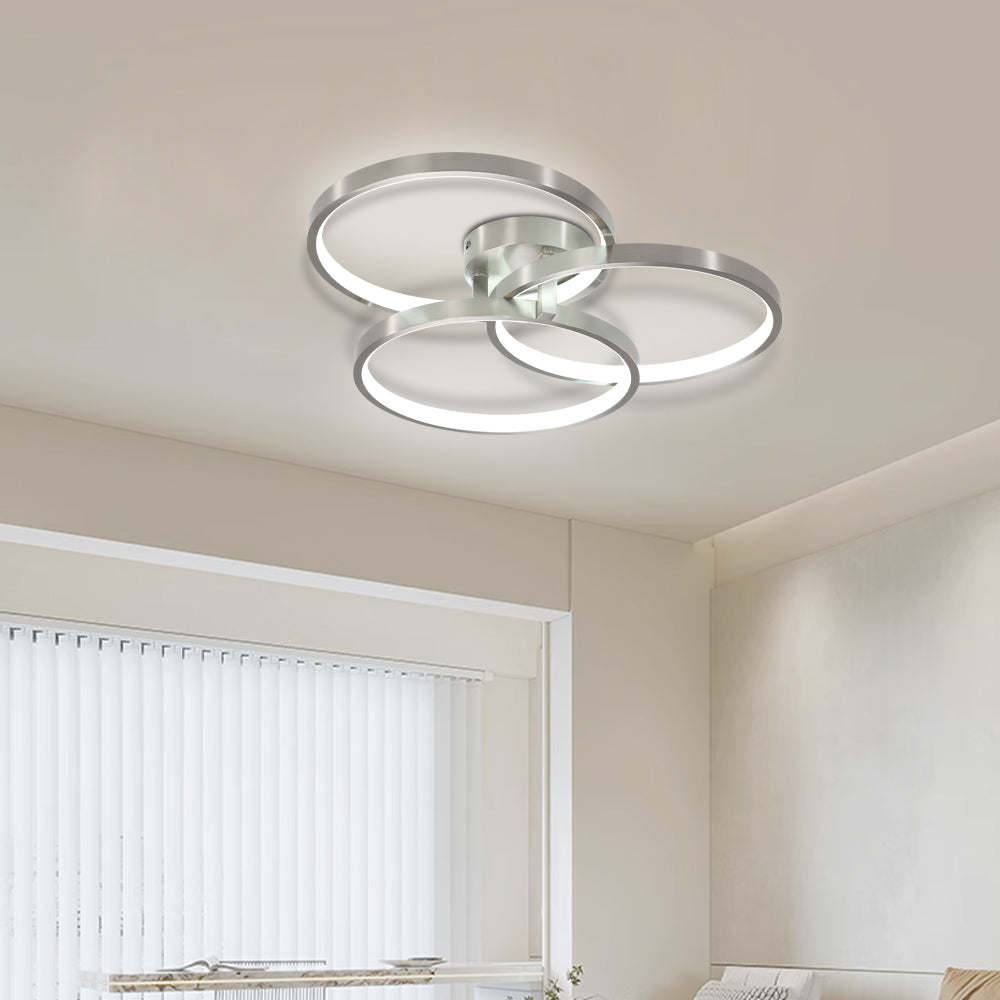 20" Modern LED Ceiling Light Fixture - Circular 3-Ring Design, Dimmable, Contemporary Brushed Nickel Finish for Living Room, Bedroom & Office