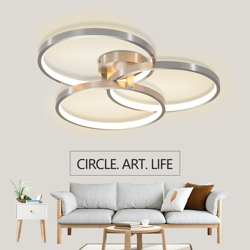 20" Modern LED Ceiling Light Fixture - Circular 3-Ring Design, Dimmable, Contemporary Brushed Nickel Finish for Living Room, Bedroom & Office
