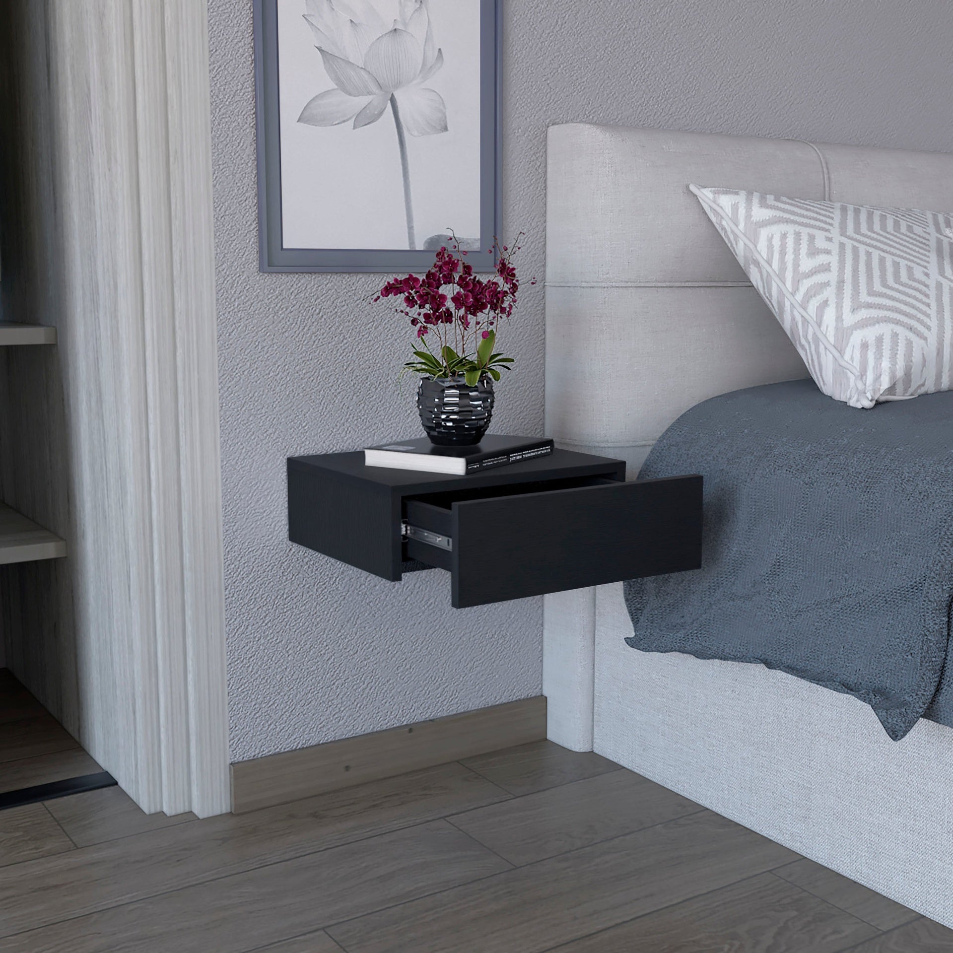 Milano Floating Nightstand , End Table, Side Table Wall-Mounted with Drawer -Black -Bedroom
